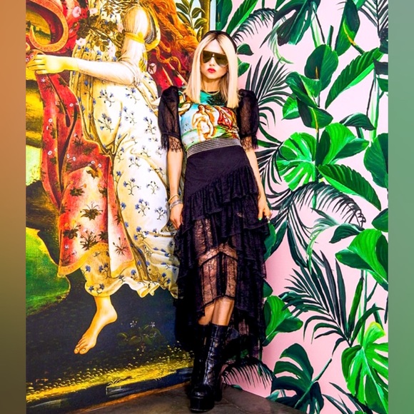 Alice + Olivia Posey Lace Puff Sleeve Blouse Tee Top - Picture 4 of 16